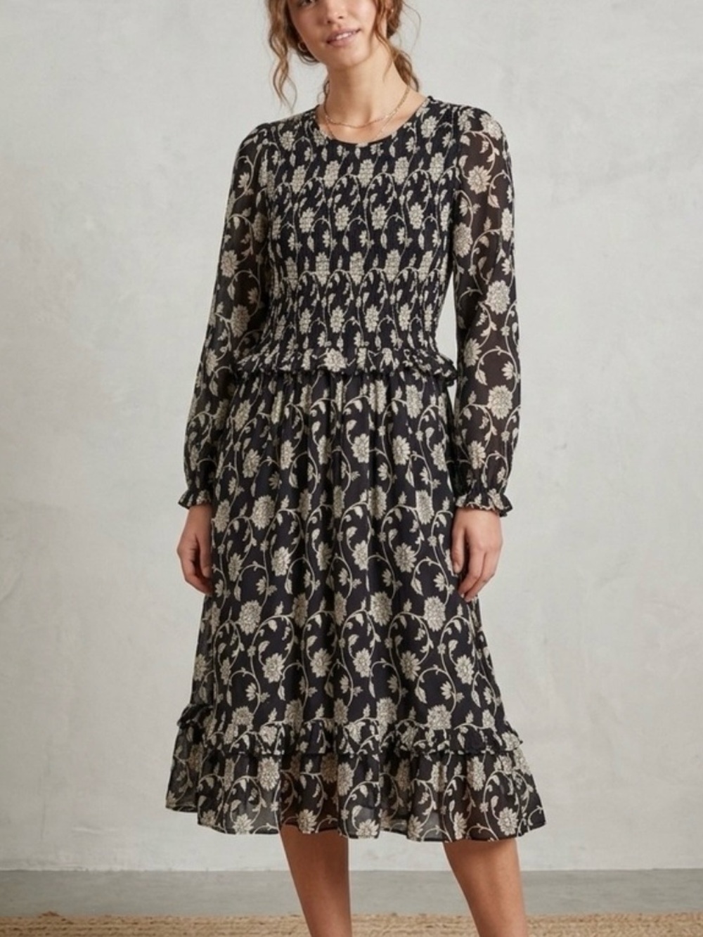 Banjanan Black Dress with Cream Floral Print and Smocked Waist
